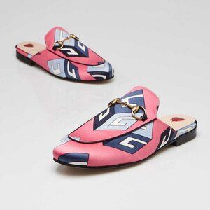 Gucci Pink/Blue G Printed Satin Princetown Mule Flats Size 4.5/35